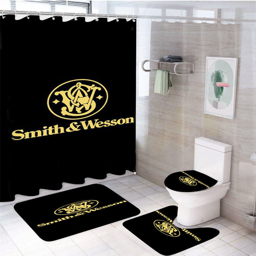 Smith And Wesson Icon 4Pcs Bathroom Non-Slip Rugs Shower Curtain Fabric Waterproof