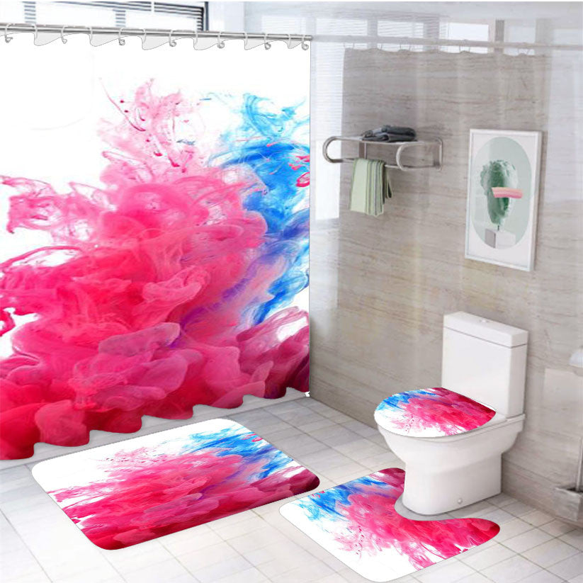 Smoke Blue Red 4Pcs Bathroom Non-Slip Rugs Shower Curtain Fabric Waterproof