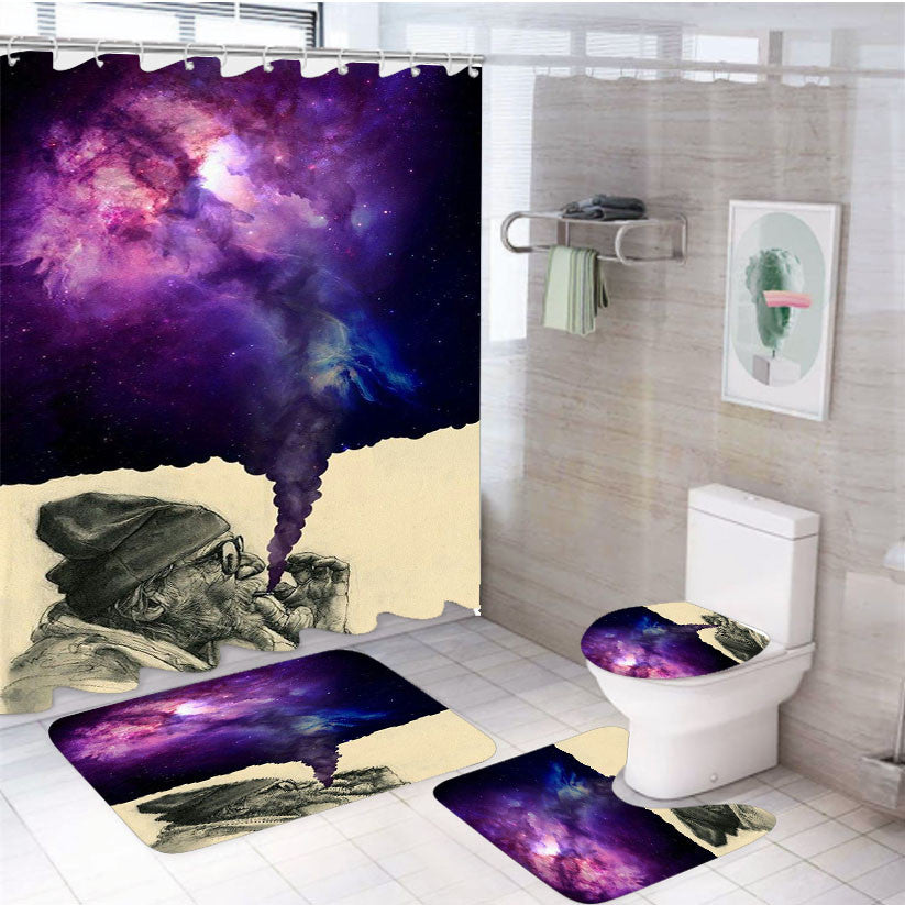 Smoking Galaxy 4Pcs Bathroom Non-Slip Rugs Shower Curtain Fabric Waterproof