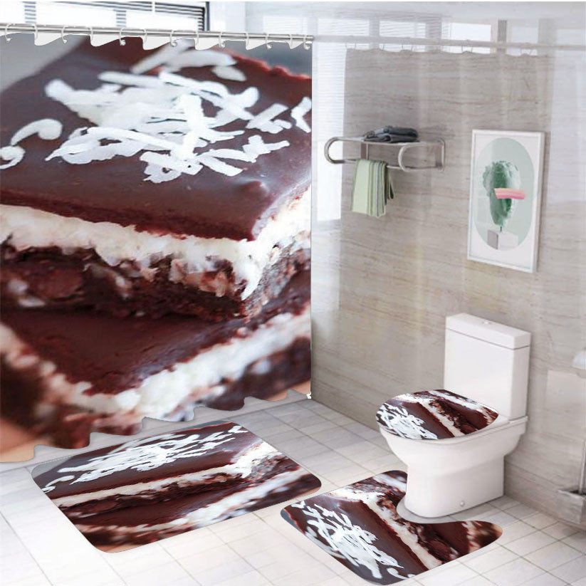Smooth Chocolate Cake 4Pcs Bathroom Non-Slip Rugs Shower Curtain Fabric Waterproof