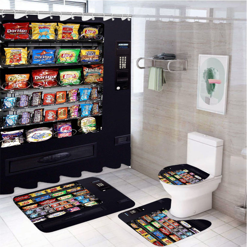 Snacks Vending Machine 4Pcs Bathroom Non-Slip Rugs Shower Curtain Fabric Waterproof