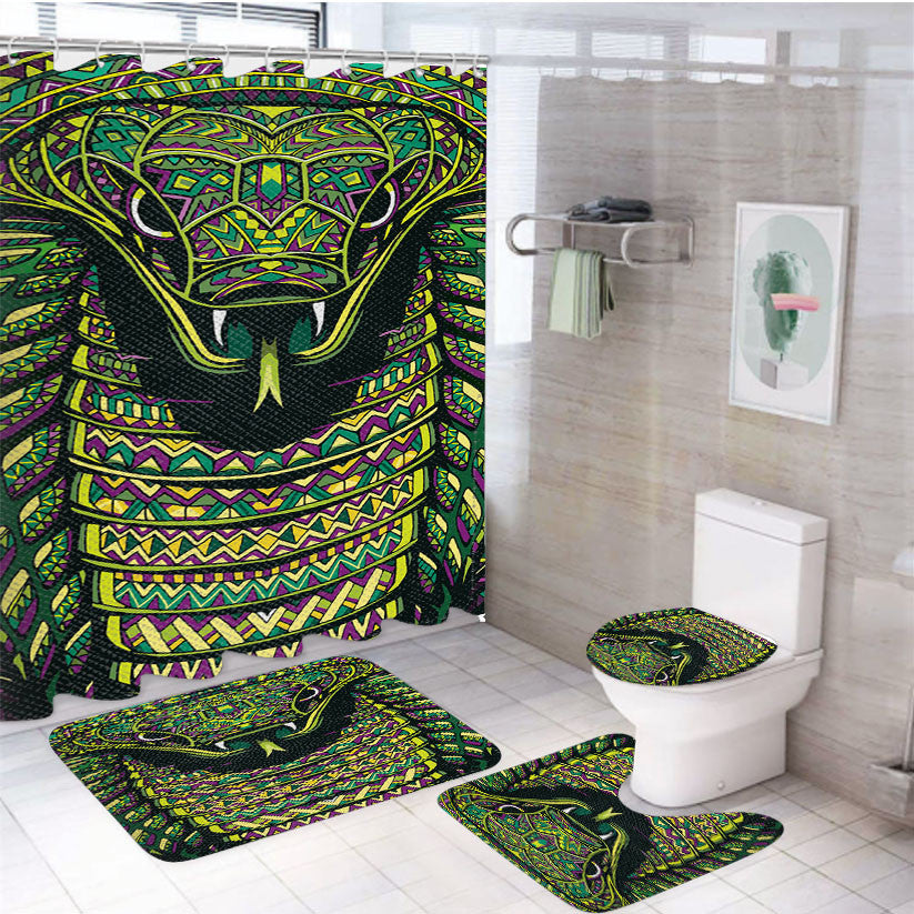 Snake Aztec Pattern 4Pcs Bathroom Non-Slip Rugs Shower Curtain Fabric Waterproof