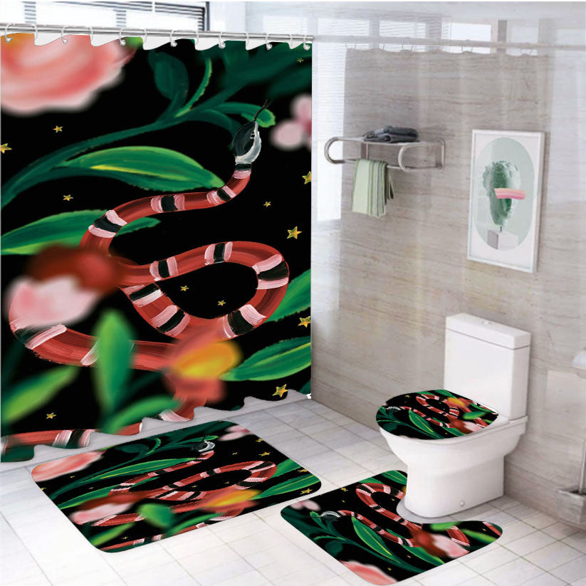 Snake Flower 4Pcs Bathroom Non-Slip Rugs Shower Curtain Fabric Waterproof