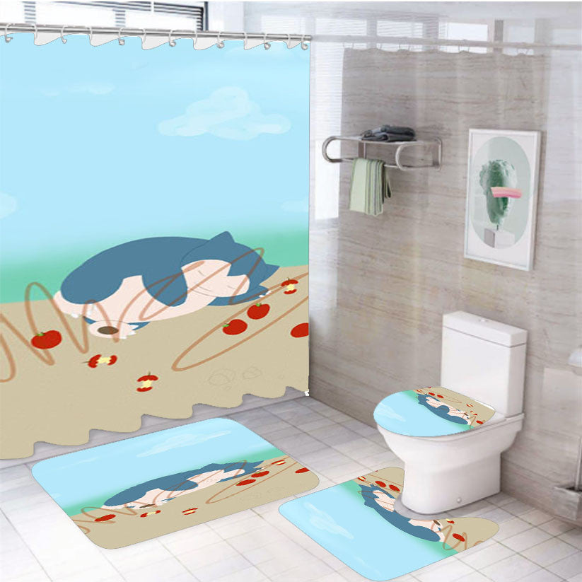 Snorlax Apple 4Pcs Bathroom Non-Slip Rugs Shower Curtain Fabric Waterproof
