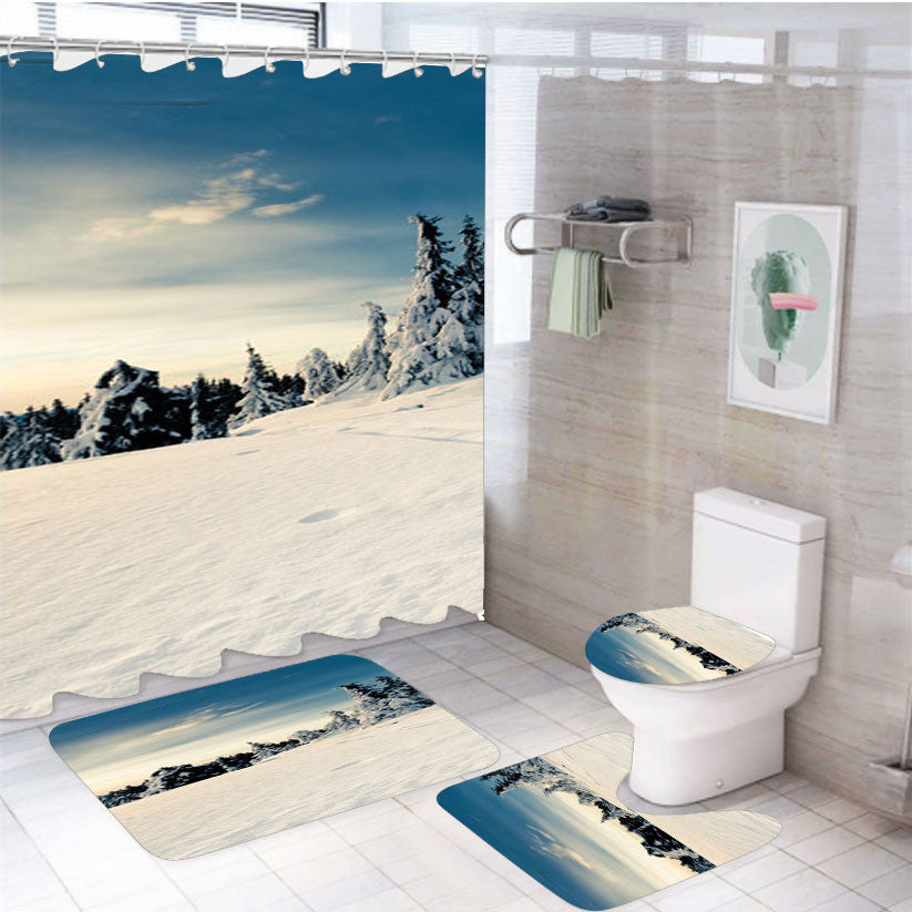 Snow Forest 4Pcs Bathroom Non-Slip Rugs Shower Curtain Fabric Waterproof
