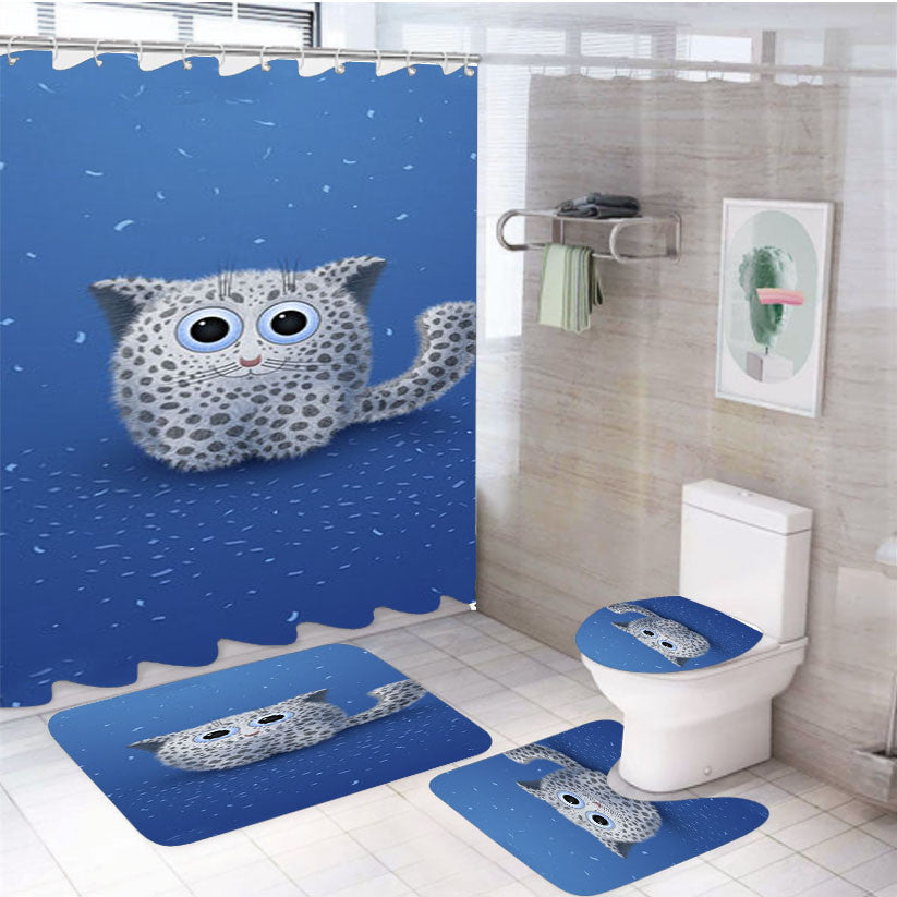 Snow Leopard Toon 4Pcs Bathroom Non-Slip Rugs Shower Curtain Fabric Waterproof
