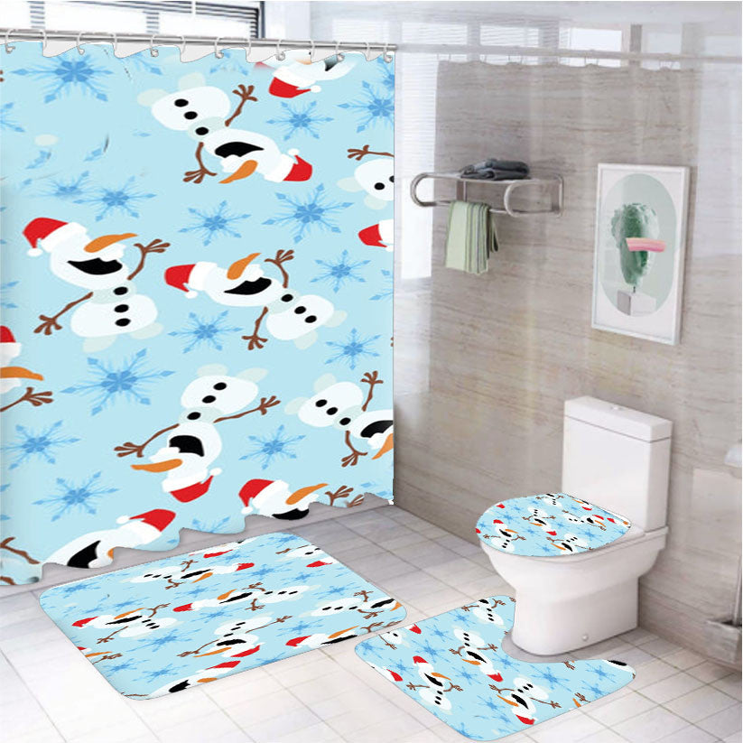 Snowman Pattern 4Pcs Bathroom Non-Slip Rugs Shower Curtain Fabric Waterproof