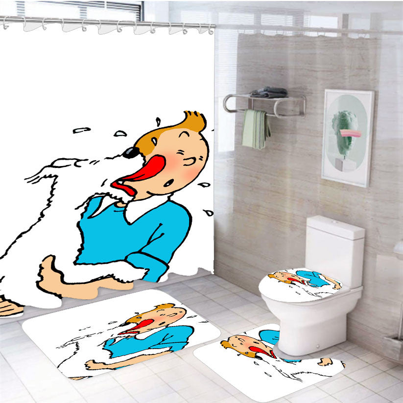 Snowy And Tintin Comics 4Pcs Bathroom Non-Slip Rugs Shower Curtain Fabric Waterproof