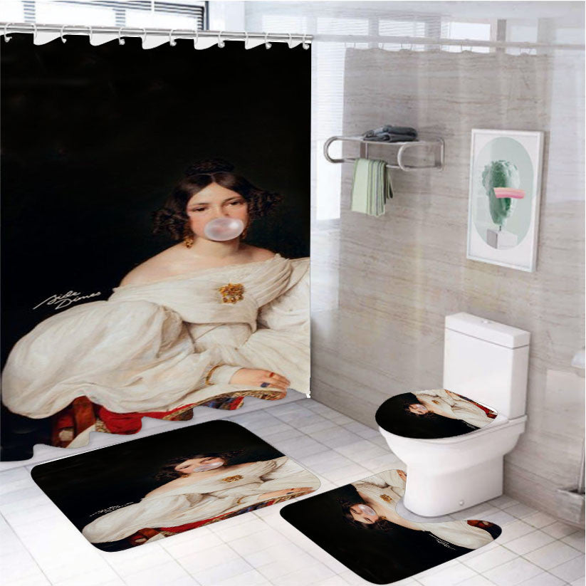 So Extra 4Pcs Bathroom Non-Slip Rugs Shower Curtain Fabric Waterproof