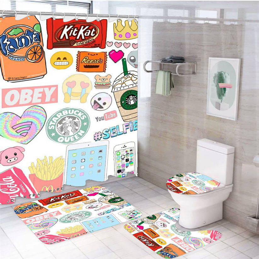So Random 4Pcs Bathroom Non-Slip Rugs Shower Curtain Fabric Waterproof