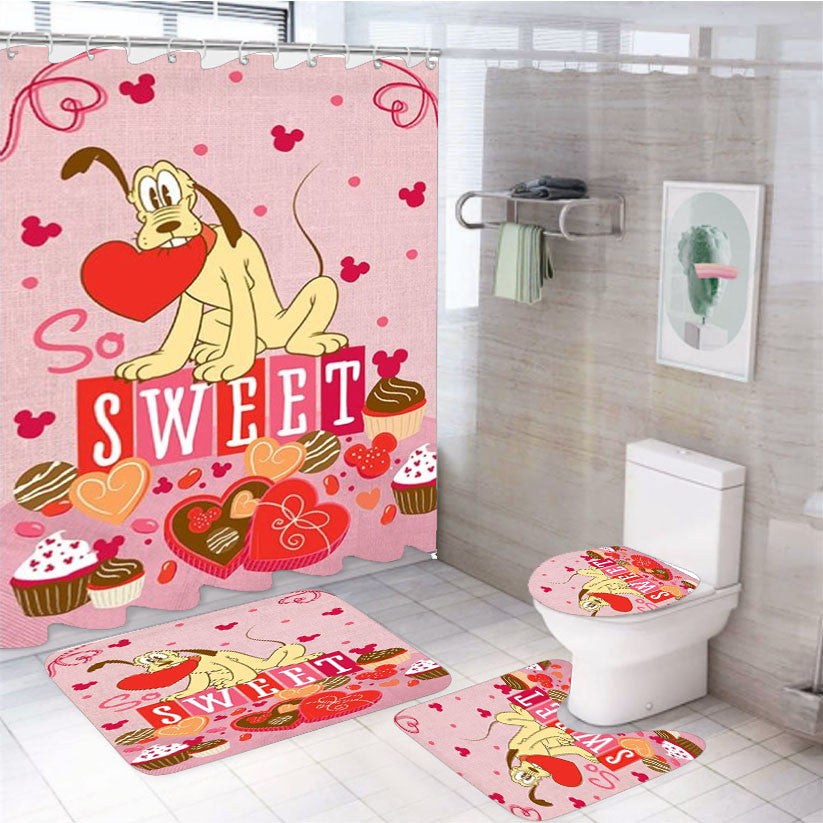 So Sweet Pluto 4Pcs Bathroom Non-Slip Rugs Shower Curtain Fabric Waterproof