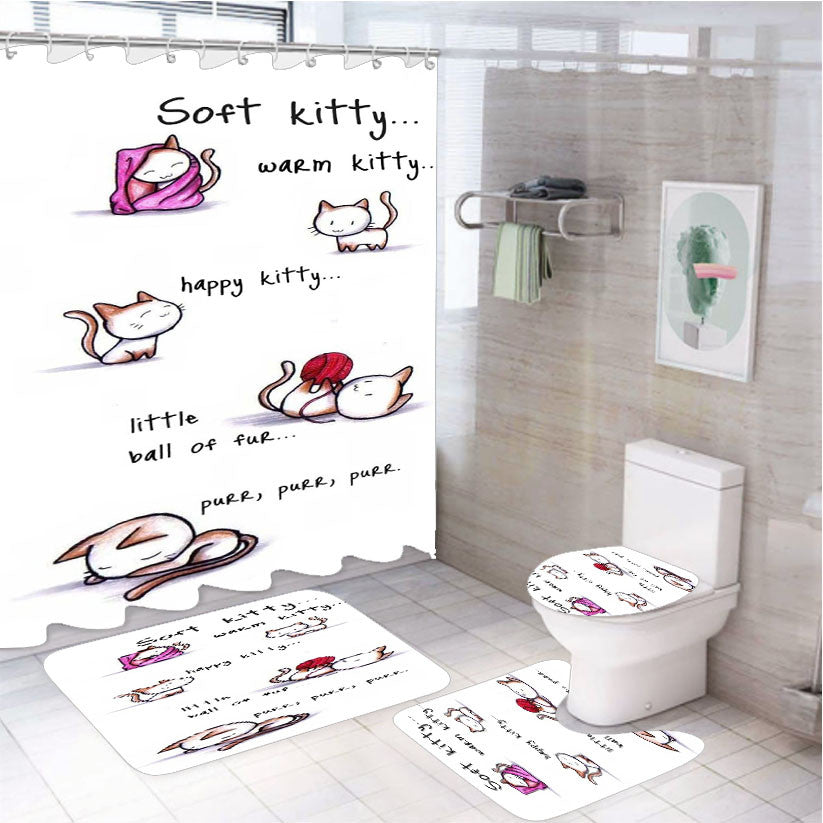 Soft Kitty 4Pcs Bathroom Non-Slip Rugs Shower Curtain Fabric Waterproof