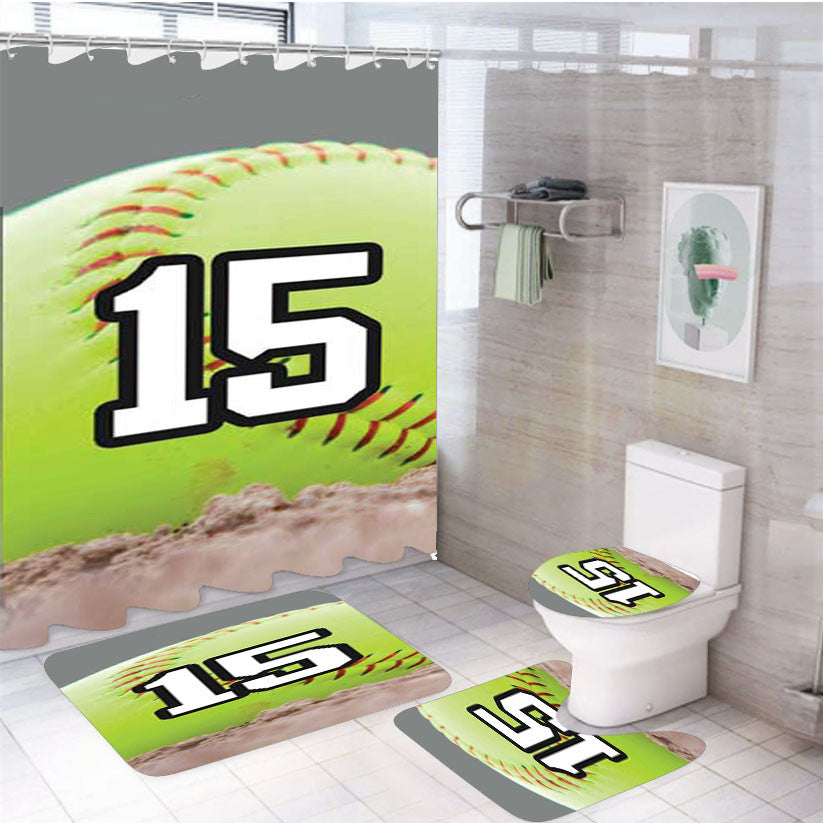 Softball Number 15 4Pcs Bathroom Non-Slip Rugs Shower Curtain Fabric Waterproof