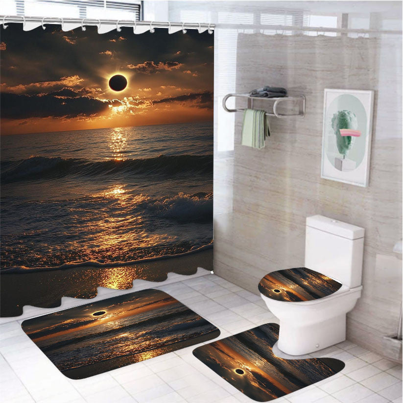 Solar Eclipse 4Pcs Bathroom Non-Slip Rugs Shower Curtain Fabric Waterproof