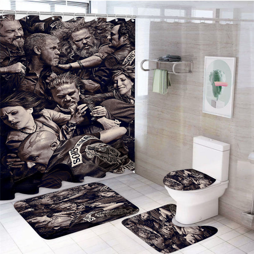 Sons Of Anarchy Poster 4Pcs Bathroom Non-Slip Rugs Shower Curtain Fabric Waterproof