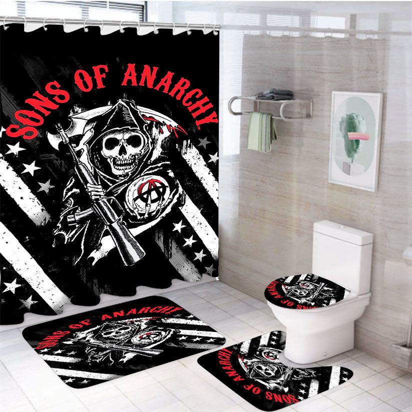 Sons Of Anarchy Reaper 4Pcs Bathroom Non-Slip Rugs Shower Curtain Fabric Waterproof
