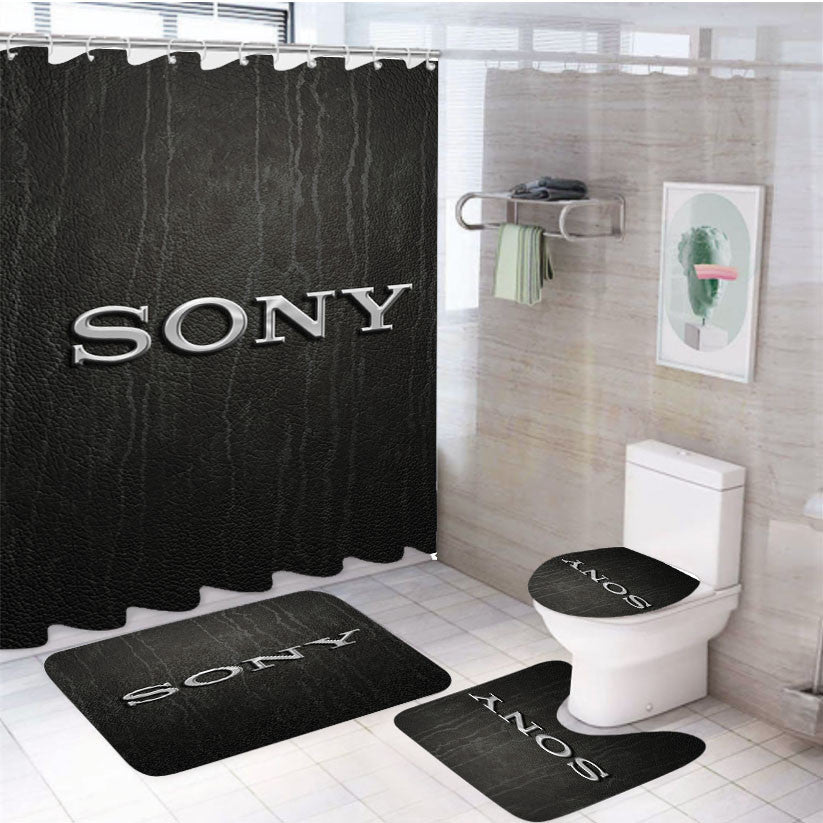 Sony Logo Black Action 4Pcs Bathroom Non-Slip Rugs Shower Curtain Fabric Waterproof