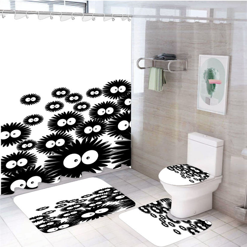 Soot Balls 4Pcs Bathroom Non-Slip Rugs Shower Curtain Fabric Waterproof