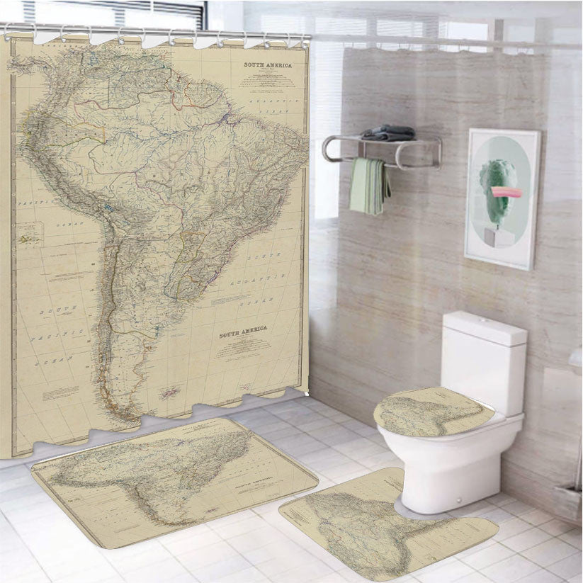 South America Map From 1861 4Pcs Bathroom Non-Slip Rugs Shower Curtain Fabric Waterproof