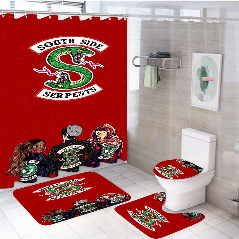 Southside Serpent Canvas Paint Red 4Pcs Bathroom Non-Slip Rugs Shower Curtain Fabric Waterproof