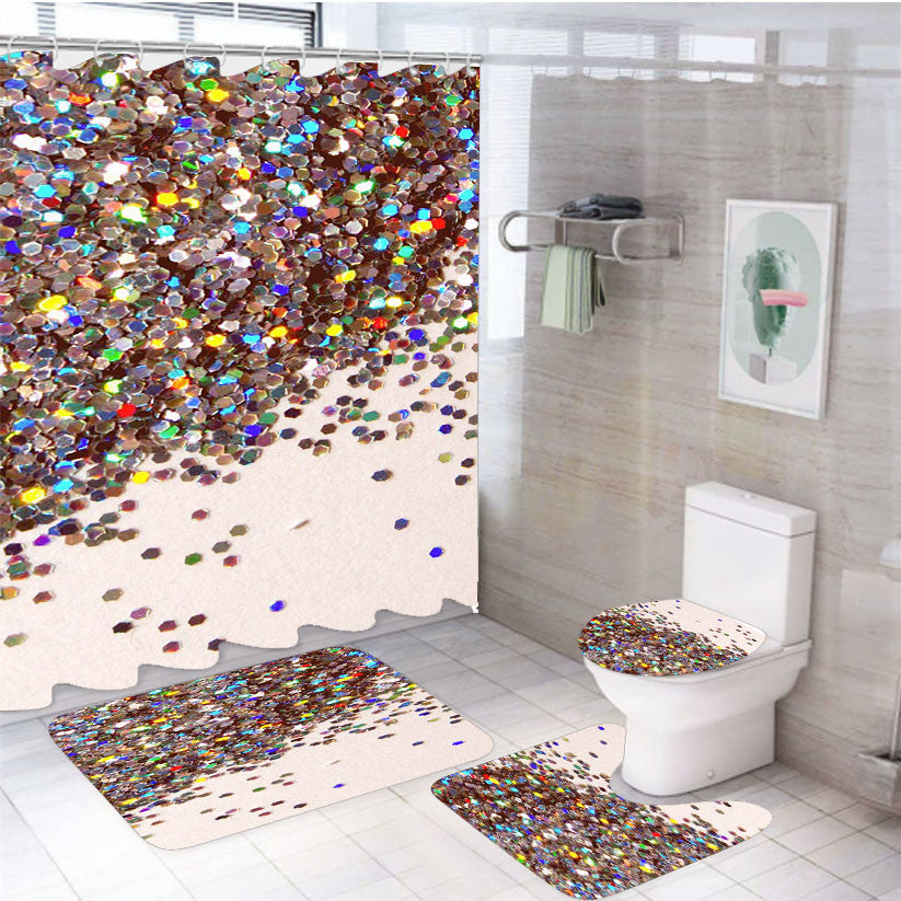 Sparkles Glitter 4Pcs Bathroom Non-Slip Rugs Shower Curtain Fabric Waterproof