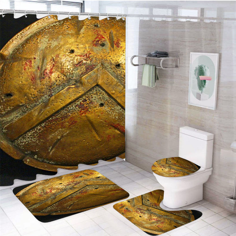 Spartan Gold Shield Strength 4Pcs Bathroom Non-Slip Rugs Shower Curtain Fabric Waterproof