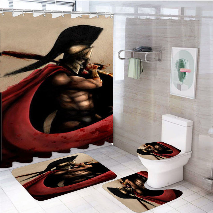 Spartan Soldier 4Pcs Bathroom Non-Slip Rugs Shower Curtain Fabric Waterproof