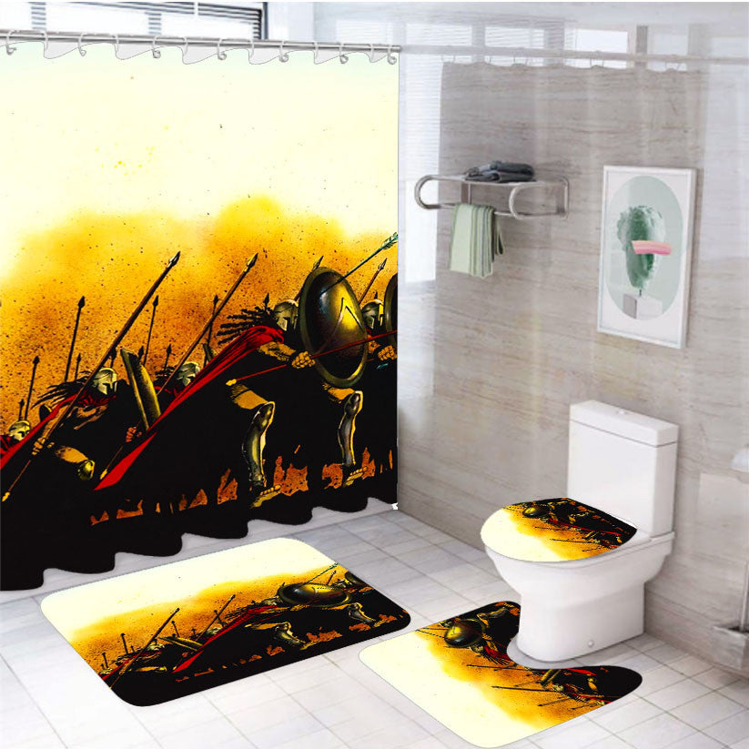 Spartan Warriors 4Pcs Bathroom Non-Slip Rugs Shower Curtain Fabric Waterproof