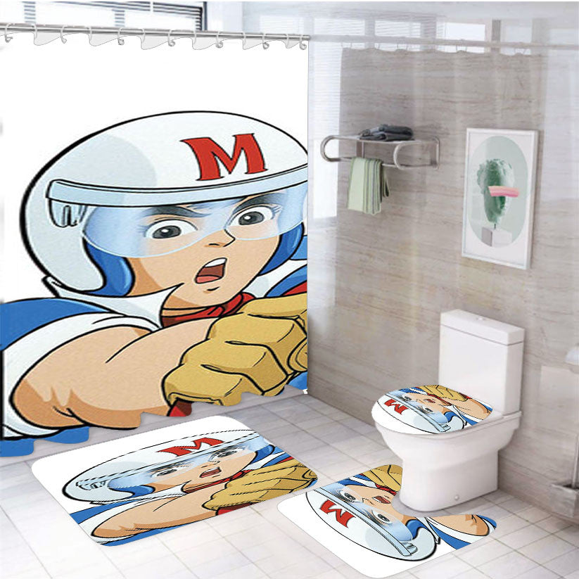 Speed Racer Cartoon Car 4Pcs Bathroom Non-Slip Rugs Shower Curtain Fabric Waterproof