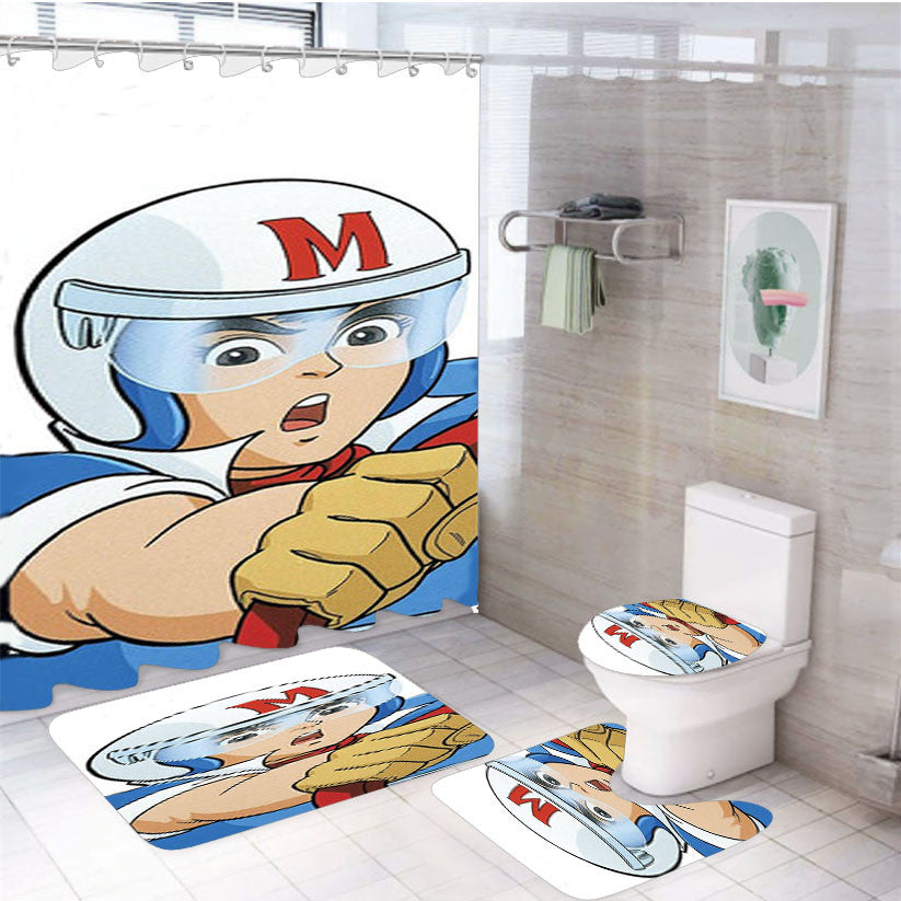 Speed Racer Driving Car 4Pcs Bathroom Non-Slip Rugs Shower Curtain Fabric Waterproof