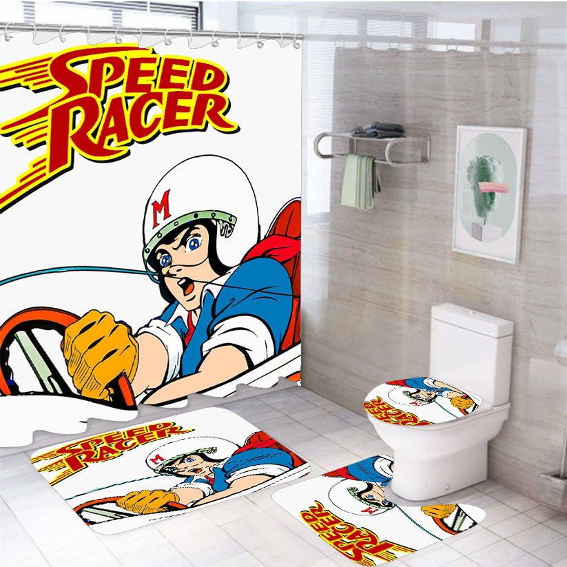 Speed Racer Poster 4Pcs Bathroom Non-Slip Rugs Shower Curtain Fabric Waterproof