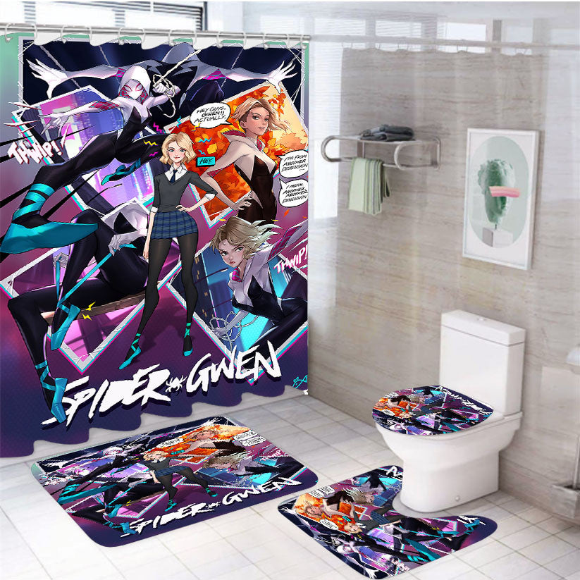 Spider Gwen Comic Character 4Pcs Bathroom Non-Slip Rugs Shower Curtain Fabric Waterproof