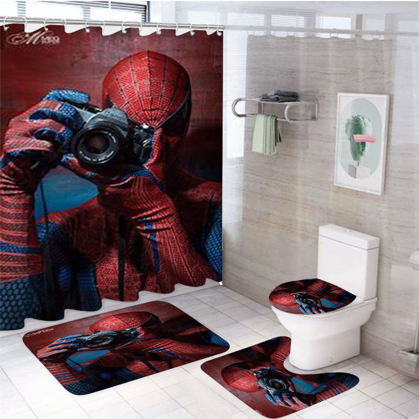 Spider Man Camera 4Pcs Bathroom Non-Slip Rugs Shower Curtain Fabric Waterproof