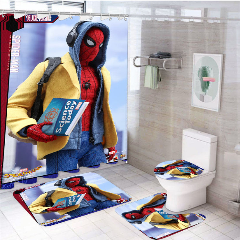 Spider Man Homecoming Headset 4Pcs Bathroom Non-Slip Rugs Shower Curtain Fabric Waterproof