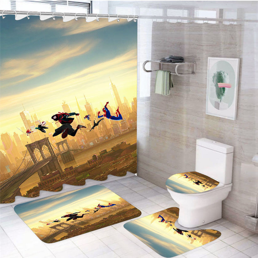Spider Man Into The Spider Verse 4Pcs Bathroom Non-Slip Rugs Shower Curtain Fabric Waterproof