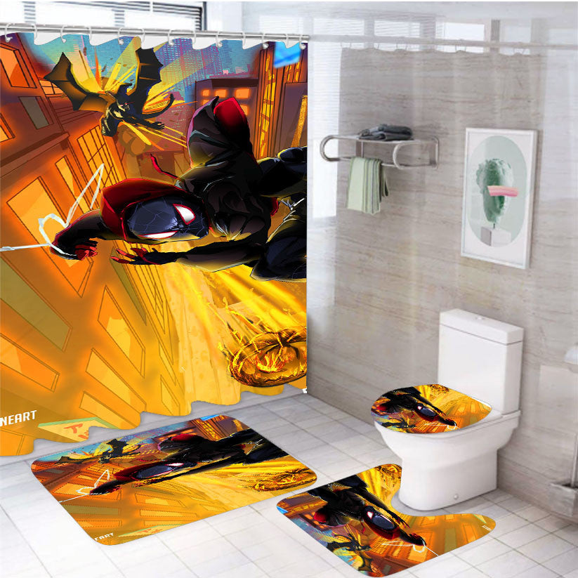 Spider Man Into The Spider Verse Artwork 4Pcs Bathroom Non-Slip Rugs Shower Curtain Fabric Waterproof