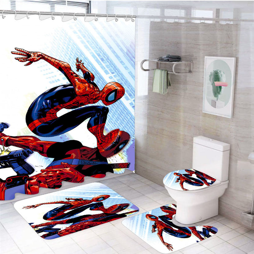 Spider Man Kick Deadpool 4Pcs Bathroom Non-Slip Rugs Shower Curtain Fabric Waterproof