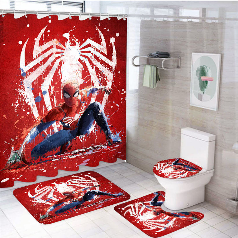 Spider Man Paint 4Pcs Bathroom Non-Slip Rugs Shower Curtain Fabric Waterproof