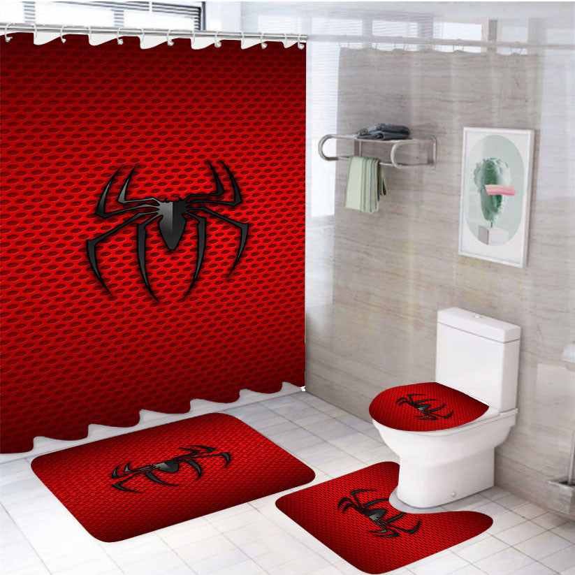 Spider Man Wallpaper Art Logo Wallpapers 4Pcs Bathroom Non-Slip Rugs Shower Curtain Fabric Waterproof