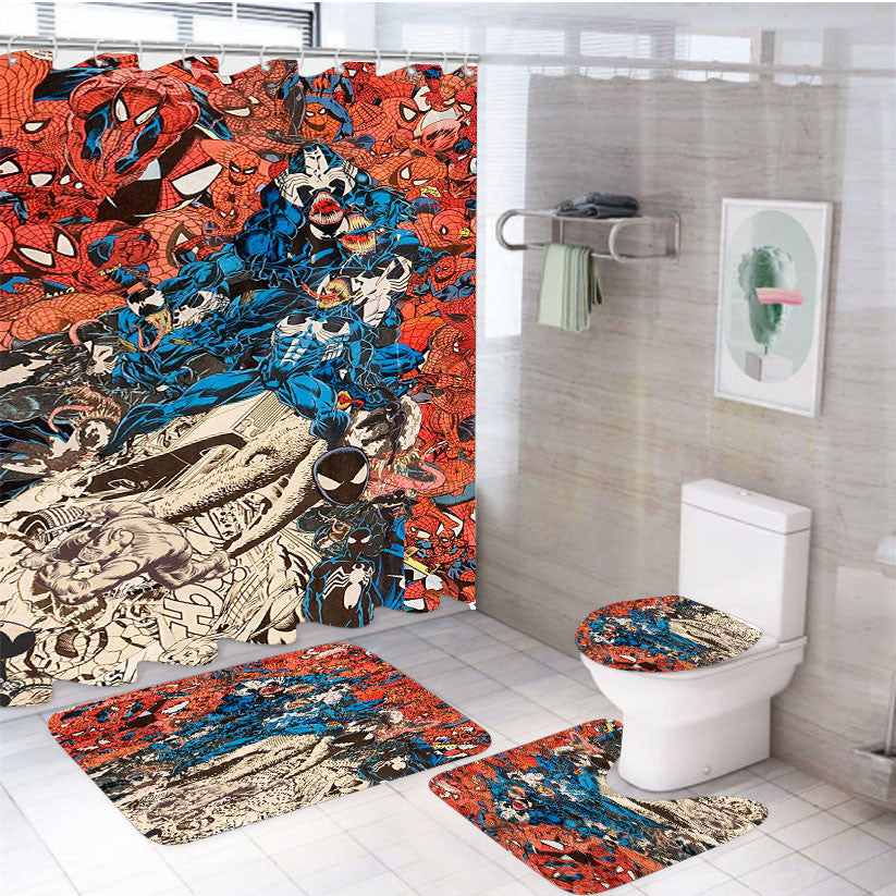 Spiderman 4Pcs Bathroom Non-Slip Rugs Shower Curtain Fabric Waterproof