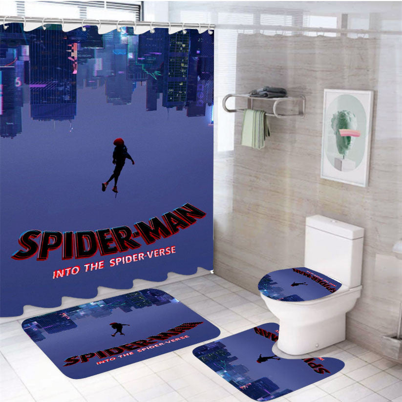Spiderman A New Universe 4Pcs Bathroom Non-Slip Rugs Shower Curtain Fabric Waterproof