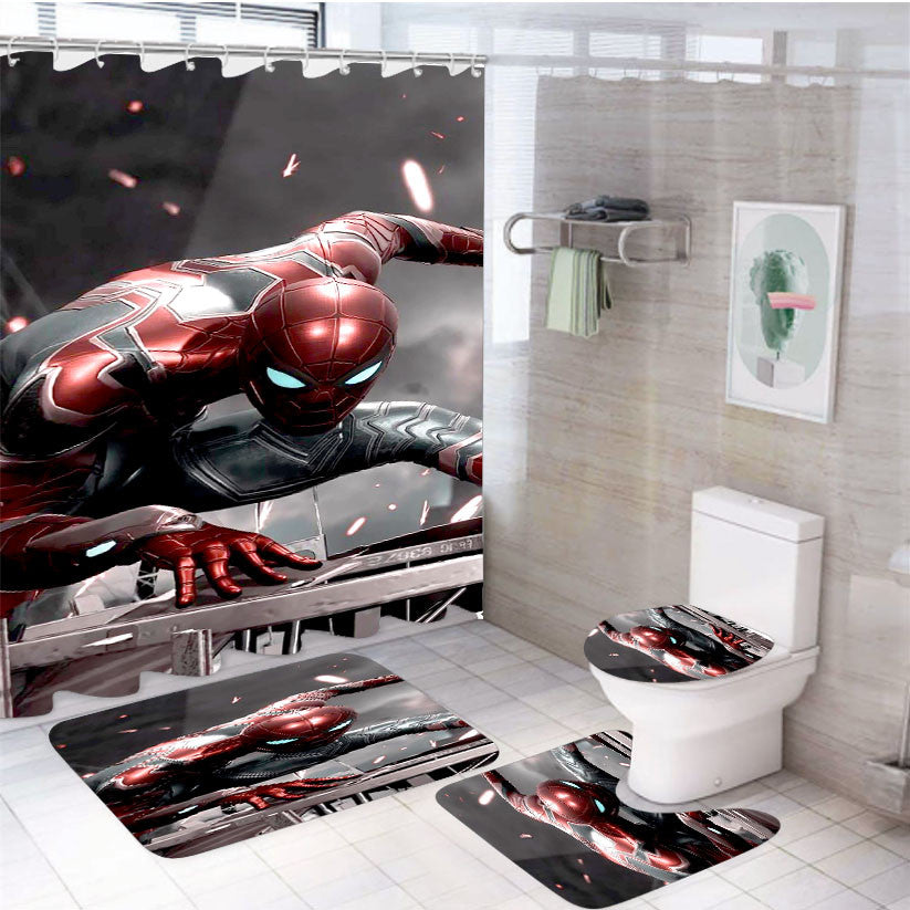Spiderman All Suits New 4Pcs Bathroom Non-Slip Rugs Shower Curtain Fabric Waterproof