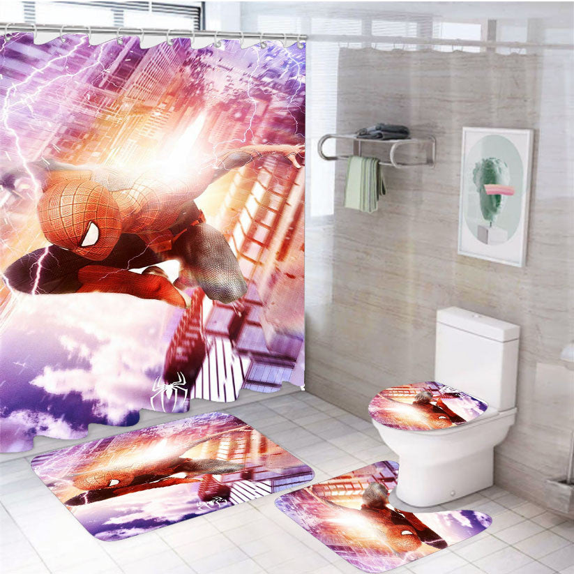 Spiderman Amazing 4Pcs Bathroom Non-Slip Rugs Shower Curtain Fabric Waterproof