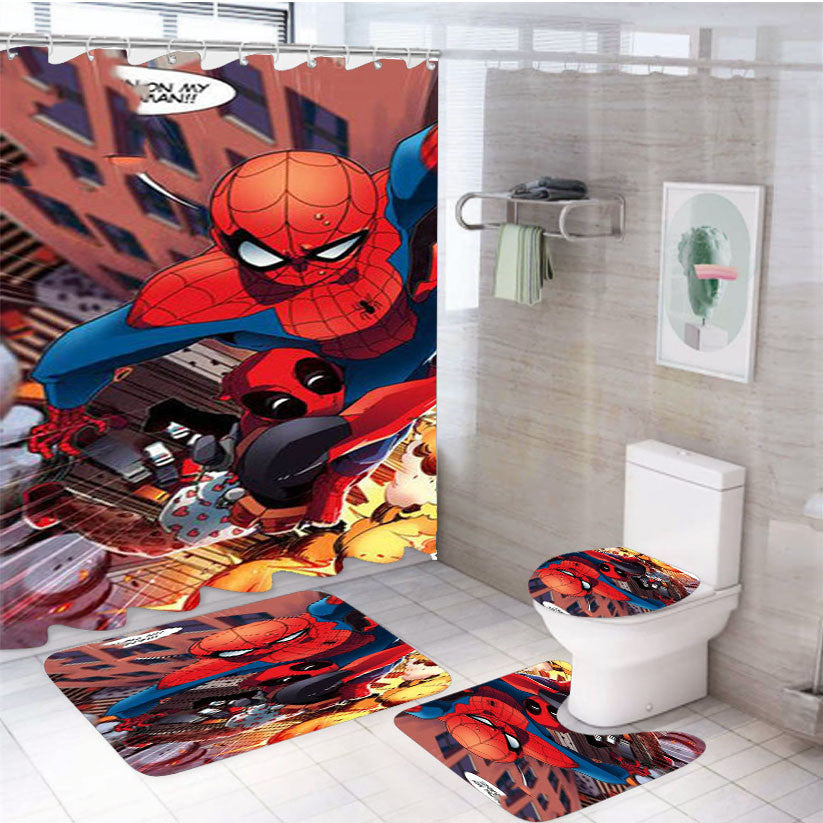 Spiderman And Deadpool Funny 4Pcs Bathroom Non-Slip Rugs Shower Curtain Fabric Waterproof