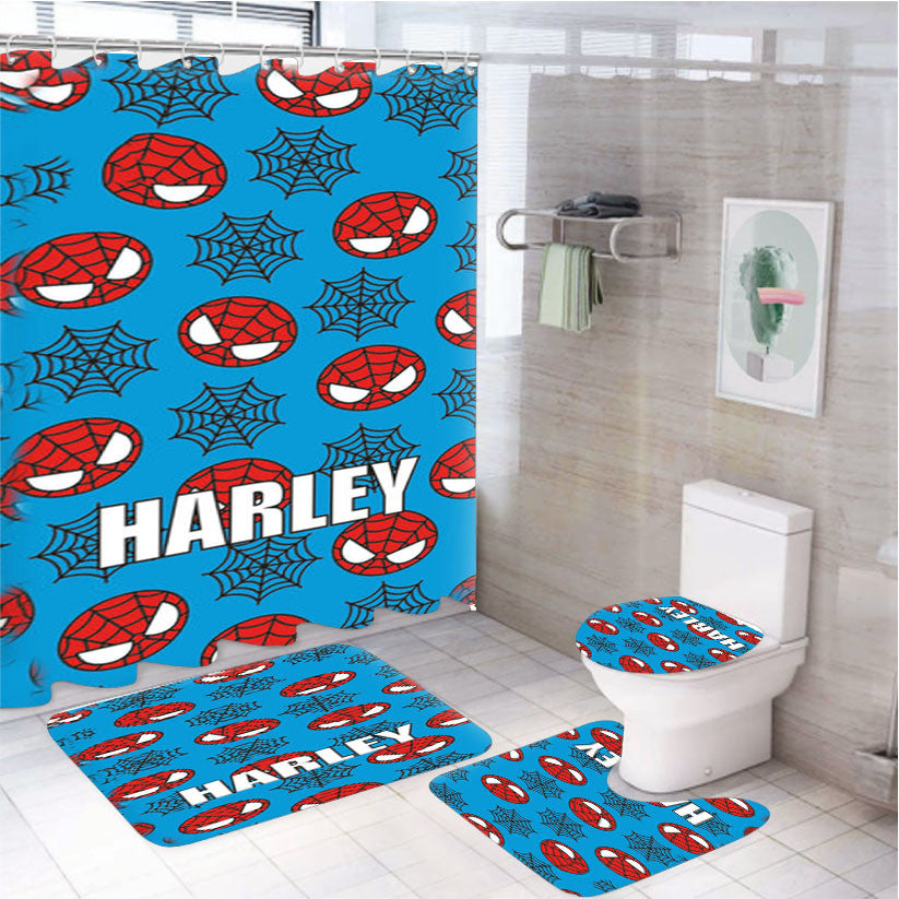 Spiderman And Webs 4Pcs Bathroom Non-Slip Rugs Shower Curtain Fabric Waterproof