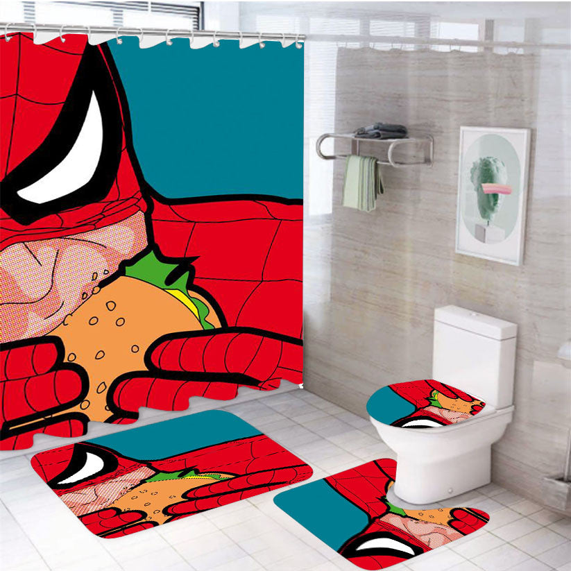 Spiderman Burger 4Pcs Bathroom Non-Slip Rugs Shower Curtain Fabric Waterproof