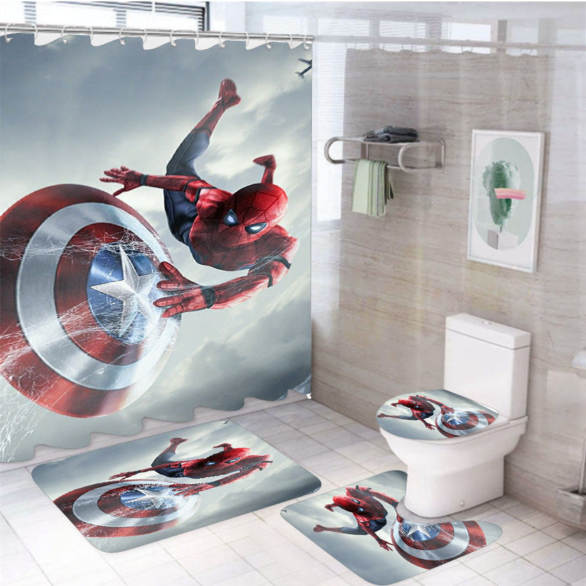 Spiderman Captain America Shield 4Pcs Bathroom Non-Slip Rugs Shower Curtain Fabric Waterproof