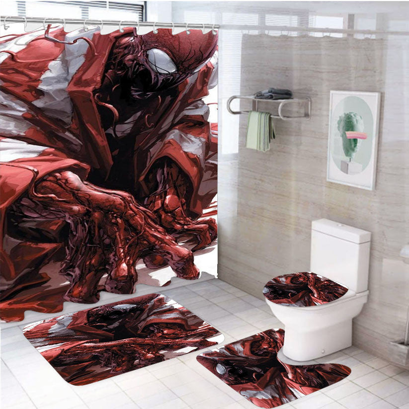 Spiderman Carnage Pajamas 4Pcs Bathroom Non-Slip Rugs Shower Curtain Fabric Waterproof