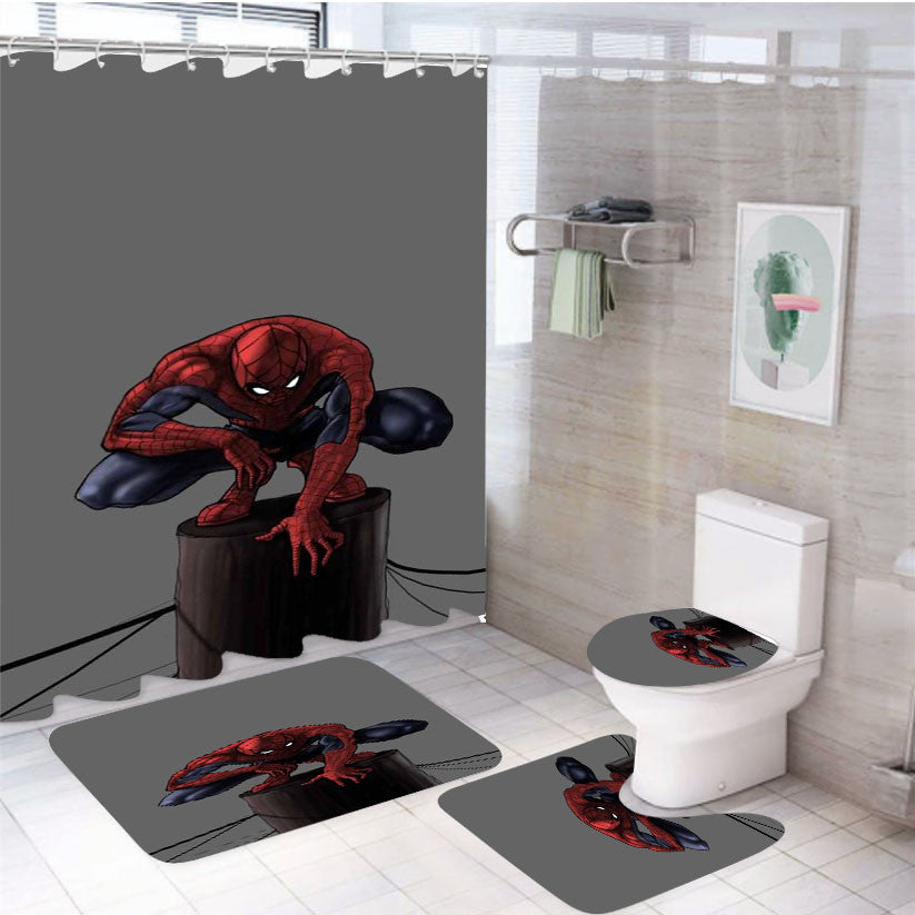 Spiderman Cityscape Cartoon Wallpaper 4Pcs Bathroom Non-Slip Rugs Shower Curtain Fabric Waterproof