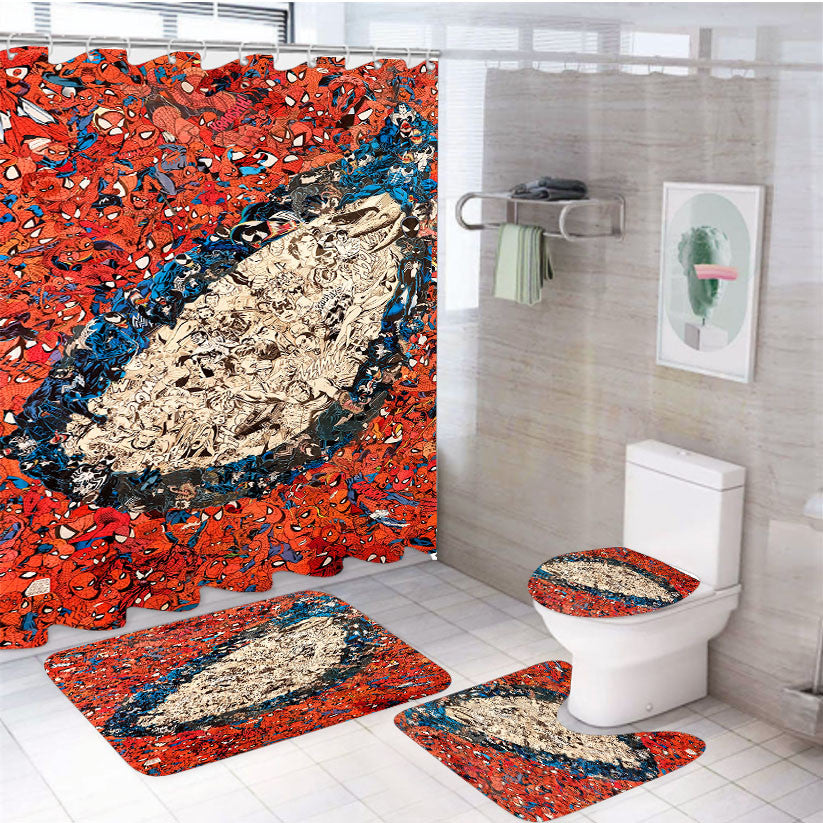 Spiderman Eye 4Pcs Bathroom Non-Slip Rugs Shower Curtain Fabric Waterproof